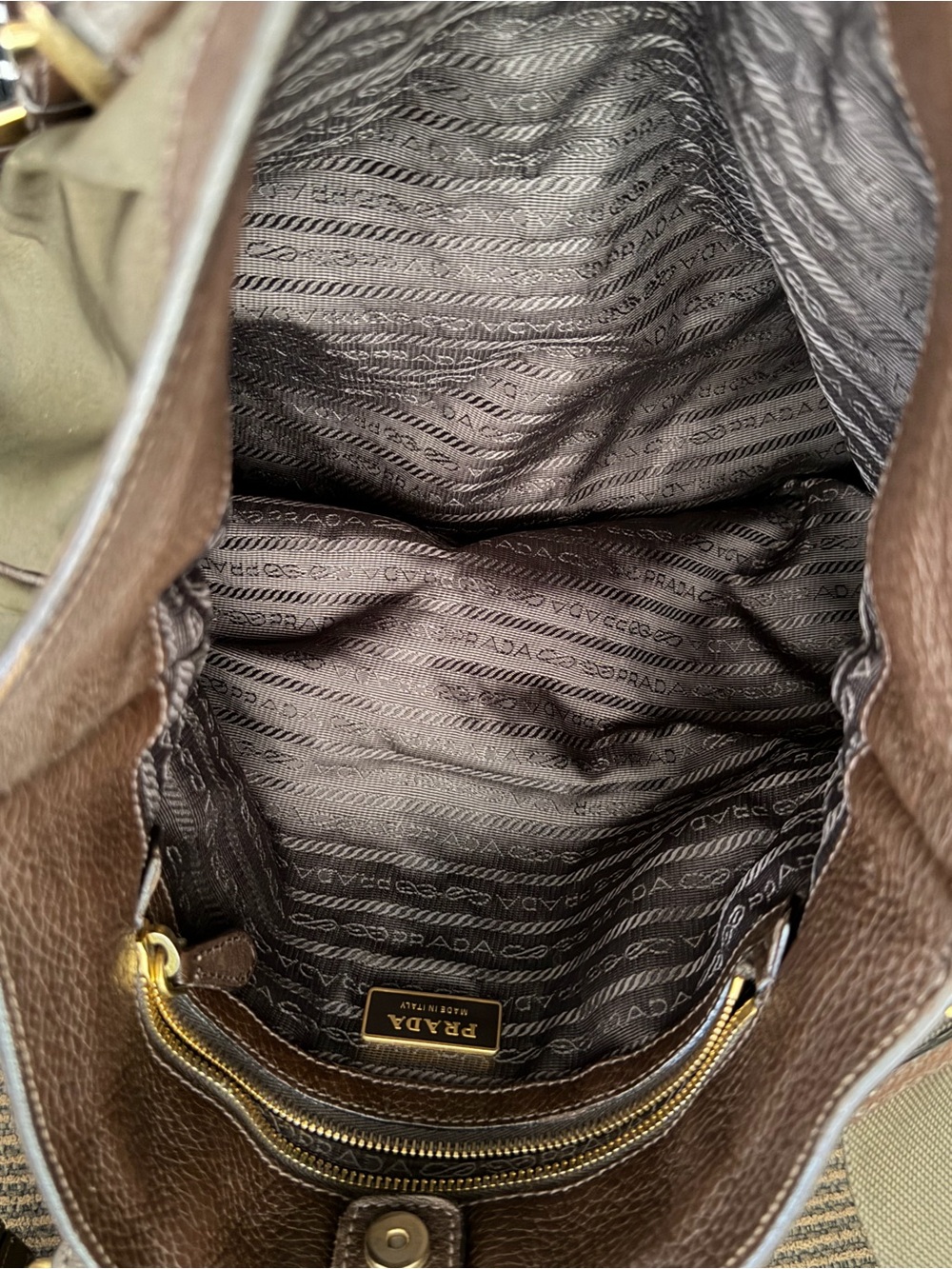 Vintage Dark Olive-Brown Prada Cervo-Trimmed Tessuto Handle Bag - Picture 14 of 15